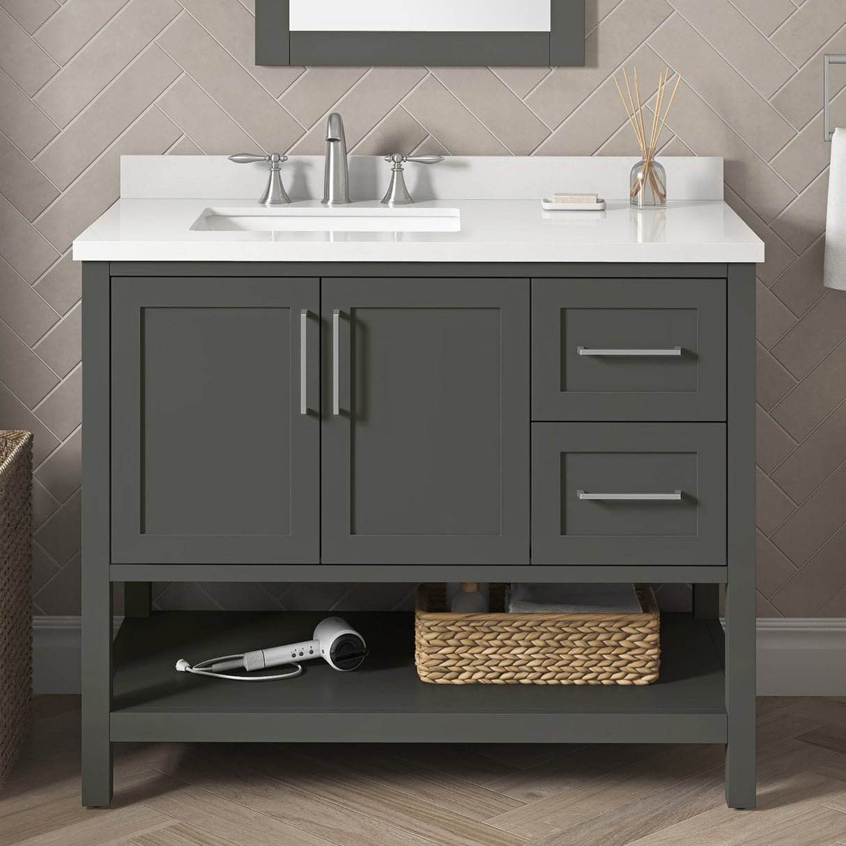 BANKS 42IN VANITY WITH SHAKER DOOR IN CHARCOAL GREY WITH WHITE QUARTZ TOP & CERAMIC BASIN