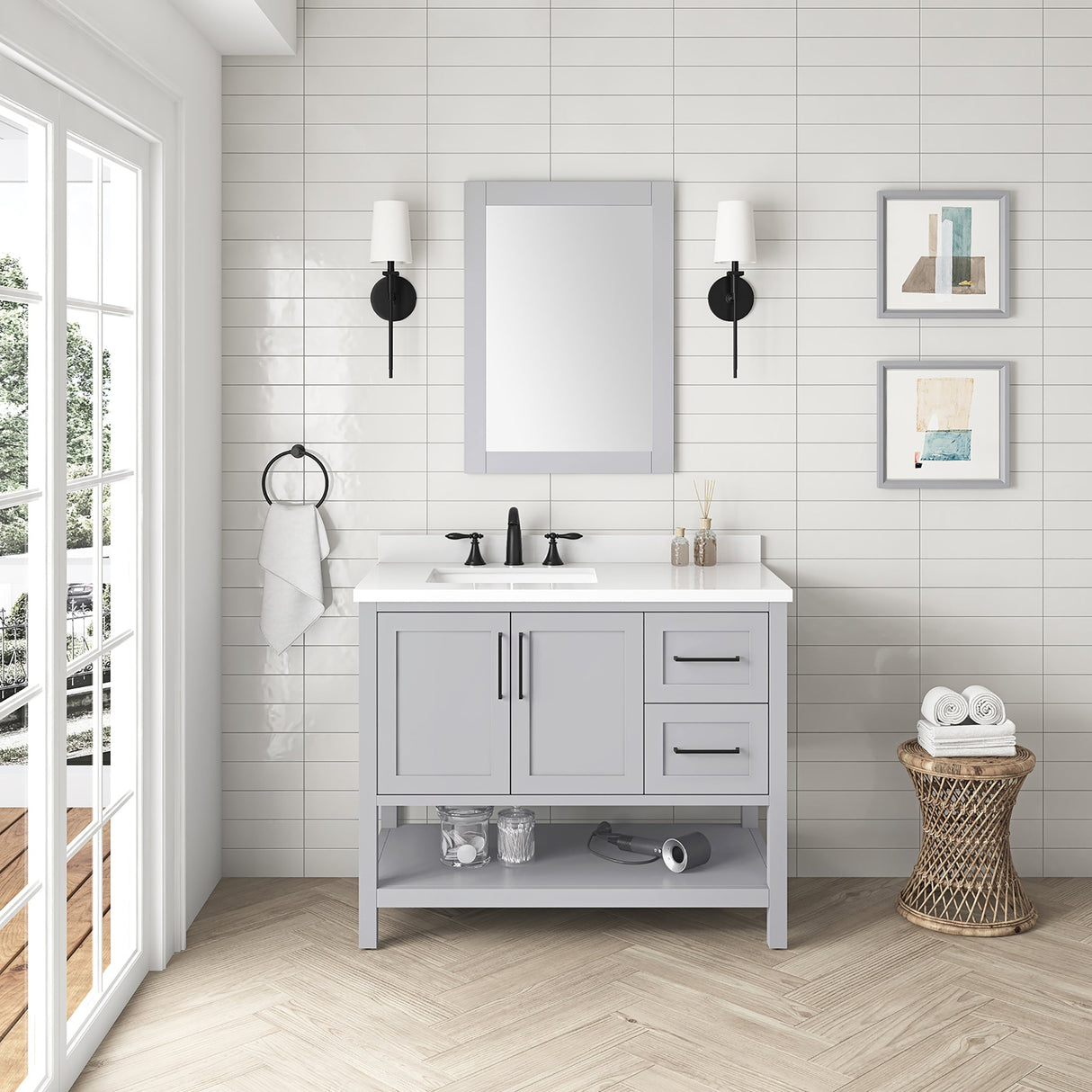 BANKS 42IN VANITY WITH SHAKER DOOR IN DOVE GREY WITH WHITE QUARTZ TOP & CERAMIC BASIN