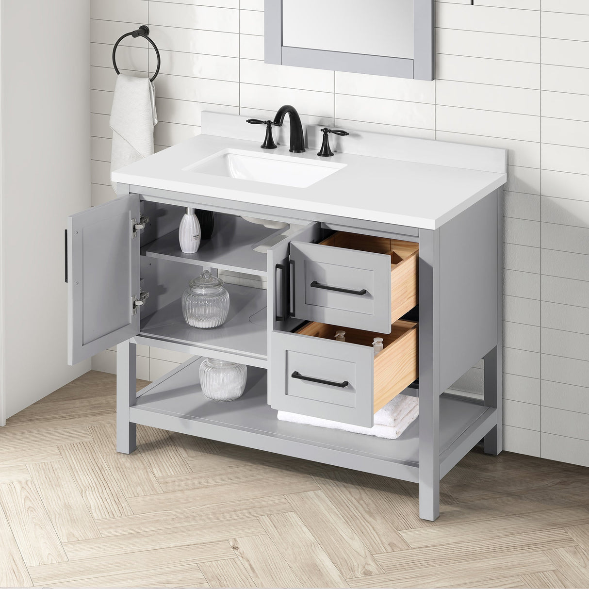 BANKS 42IN VANITY WITH SHAKER DOOR IN DOVE GREY WITH WHITE QUARTZ TOP & CERAMIC BASIN