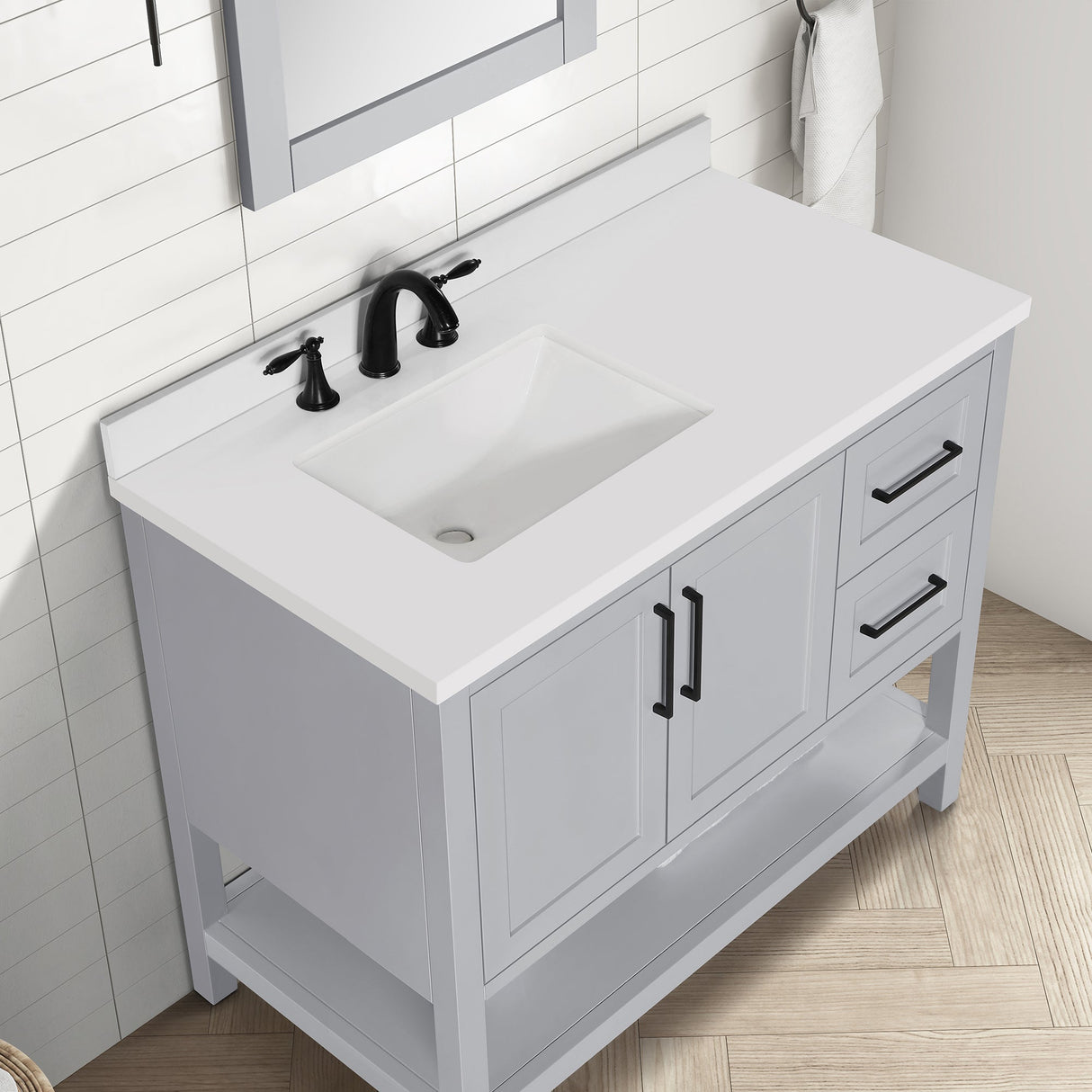 BANKS 42IN VANITY WITH SHAKER DOOR IN DOVE GREY WITH WHITE QUARTZ TOP & CERAMIC BASIN