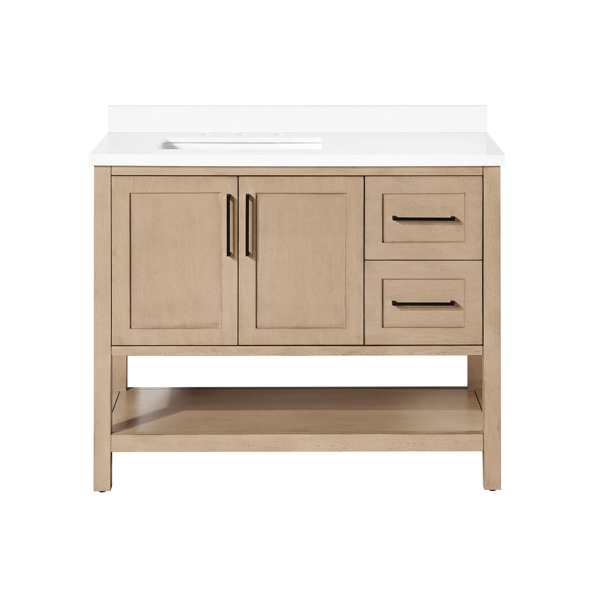 BANKS 42IN VANITY WITH SHAKER DOOR IN SAHARA BIRCH WHITE QUARTZ TOP & CERAMIC BASIN