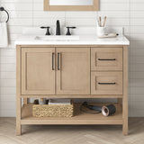 BANKS 42IN VANITY WITH SHAKER DOOR IN SAHARA BIRCH WHITE QUARTZ TOP & CERAMIC BASIN