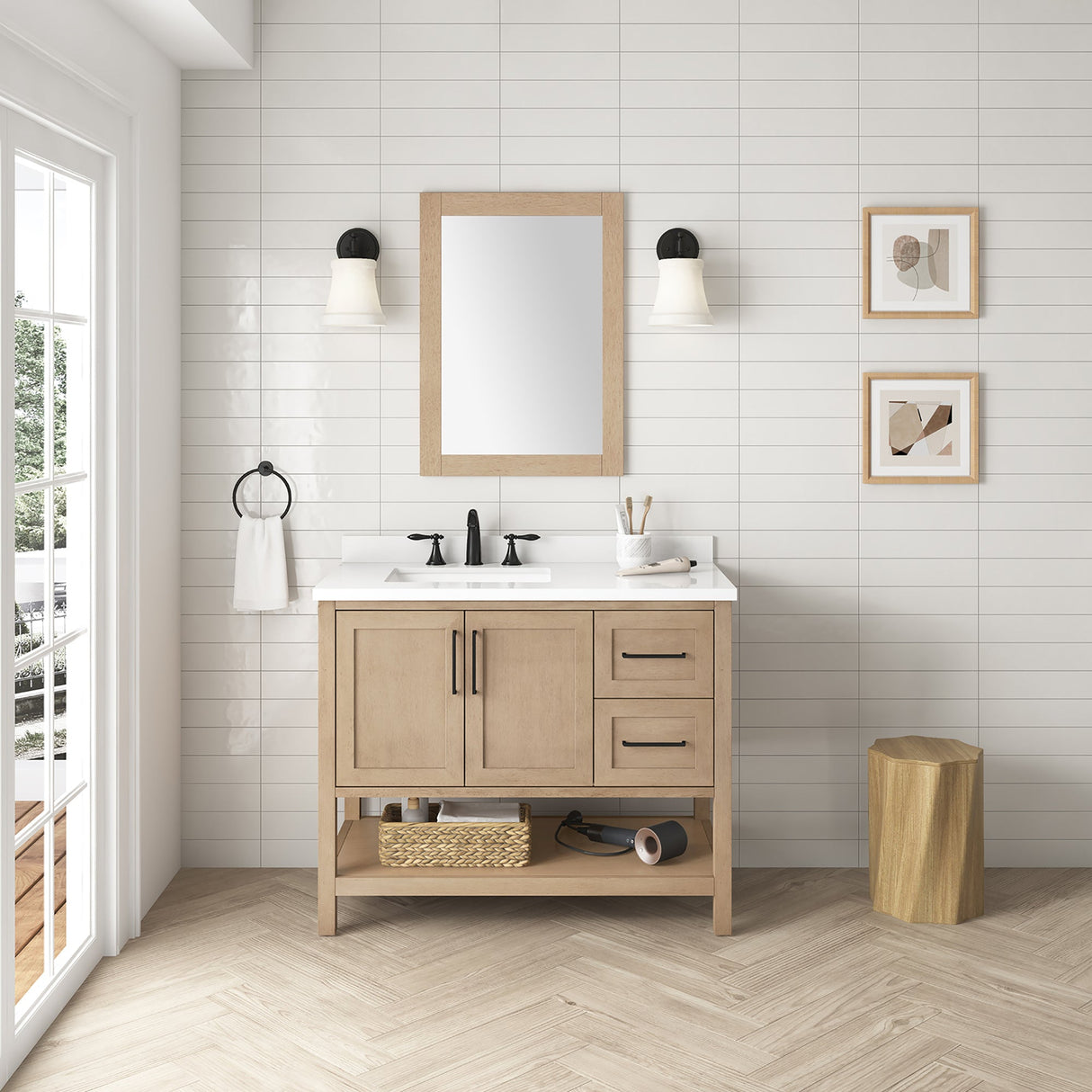 BANKS 42IN VANITY WITH SHAKER DOOR IN SAHARA BIRCH WHITE QUARTZ TOP & CERAMIC BASIN