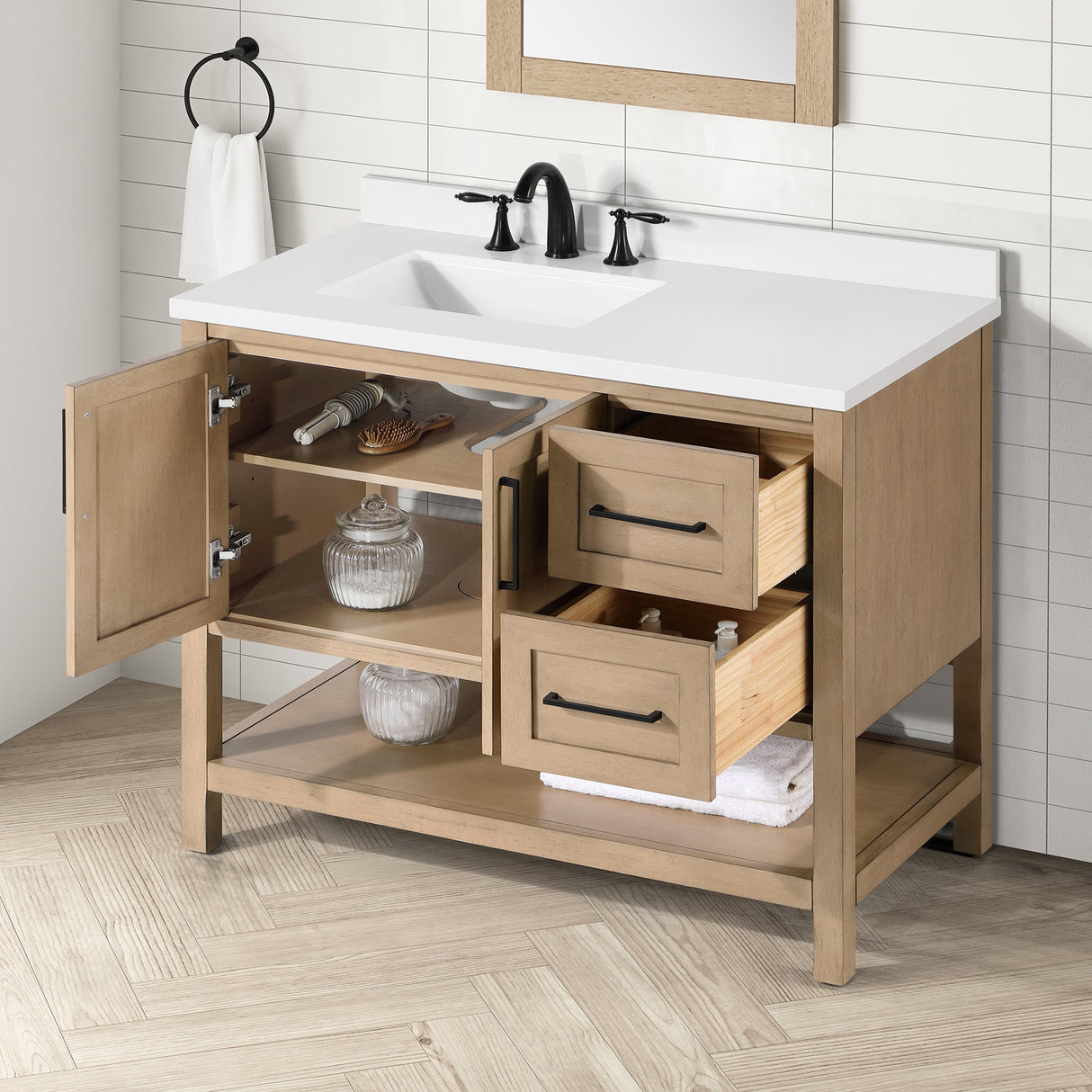 BANKS 42IN VANITY WITH SHAKER DOOR IN SAHARA BIRCH WHITE QUARTZ TOP & CERAMIC BASIN