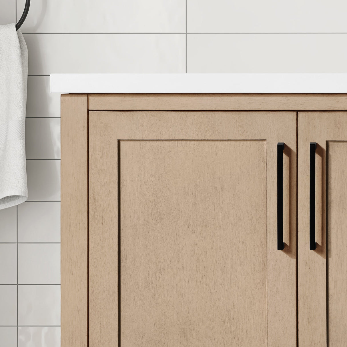 BANKS 42IN VANITY WITH SHAKER DOOR IN SAHARA BIRCH WHITE QUARTZ TOP & CERAMIC BASIN