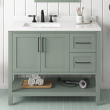 BANKS 42IN VANITY WITH SHAKER DOOR IN SAGE GREEN WHITE QUARTZ TOP & CERAMIC BASIN