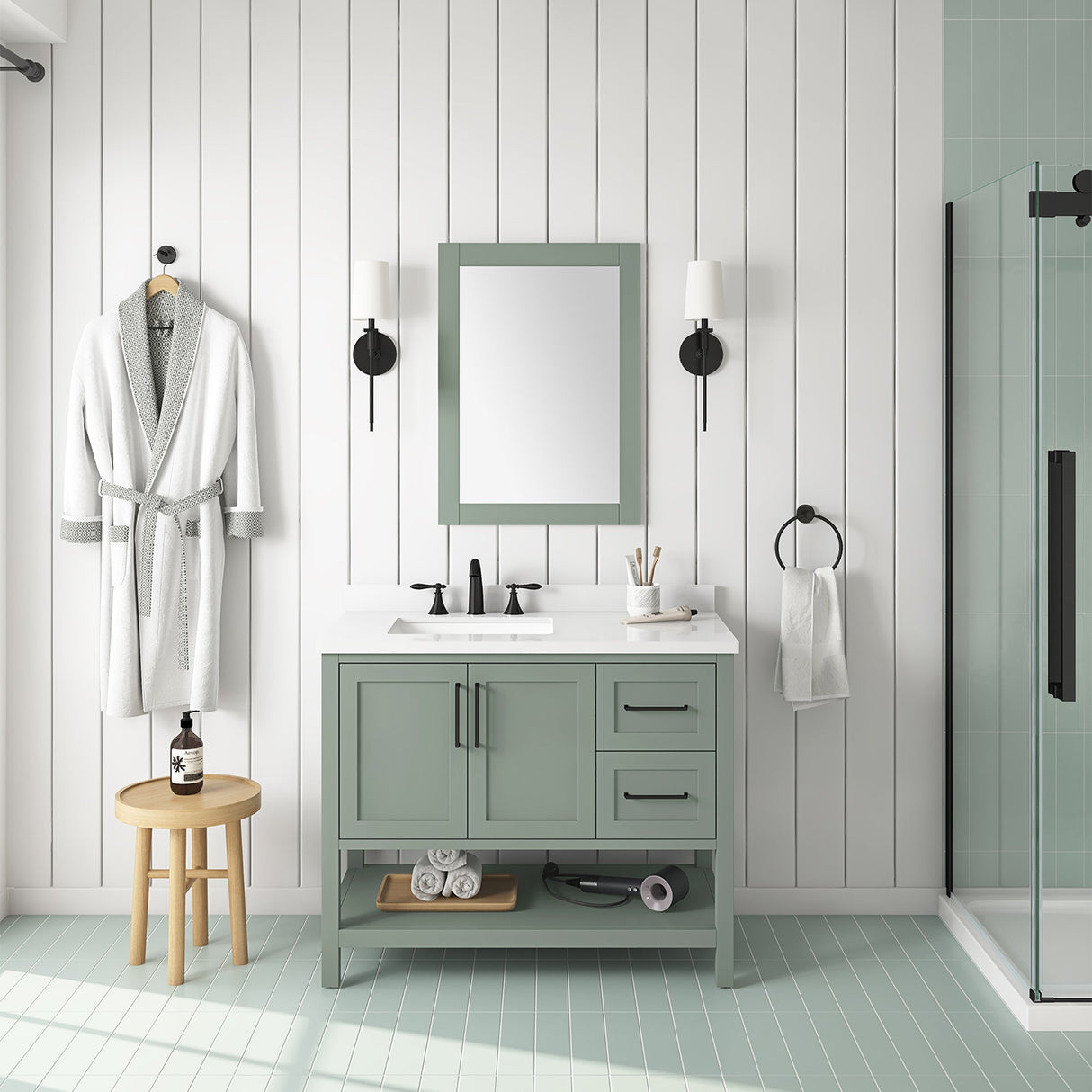 BANKS 42IN VANITY WITH SHAKER DOOR IN SAGE GREEN WHITE QUARTZ TOP & CERAMIC BASIN