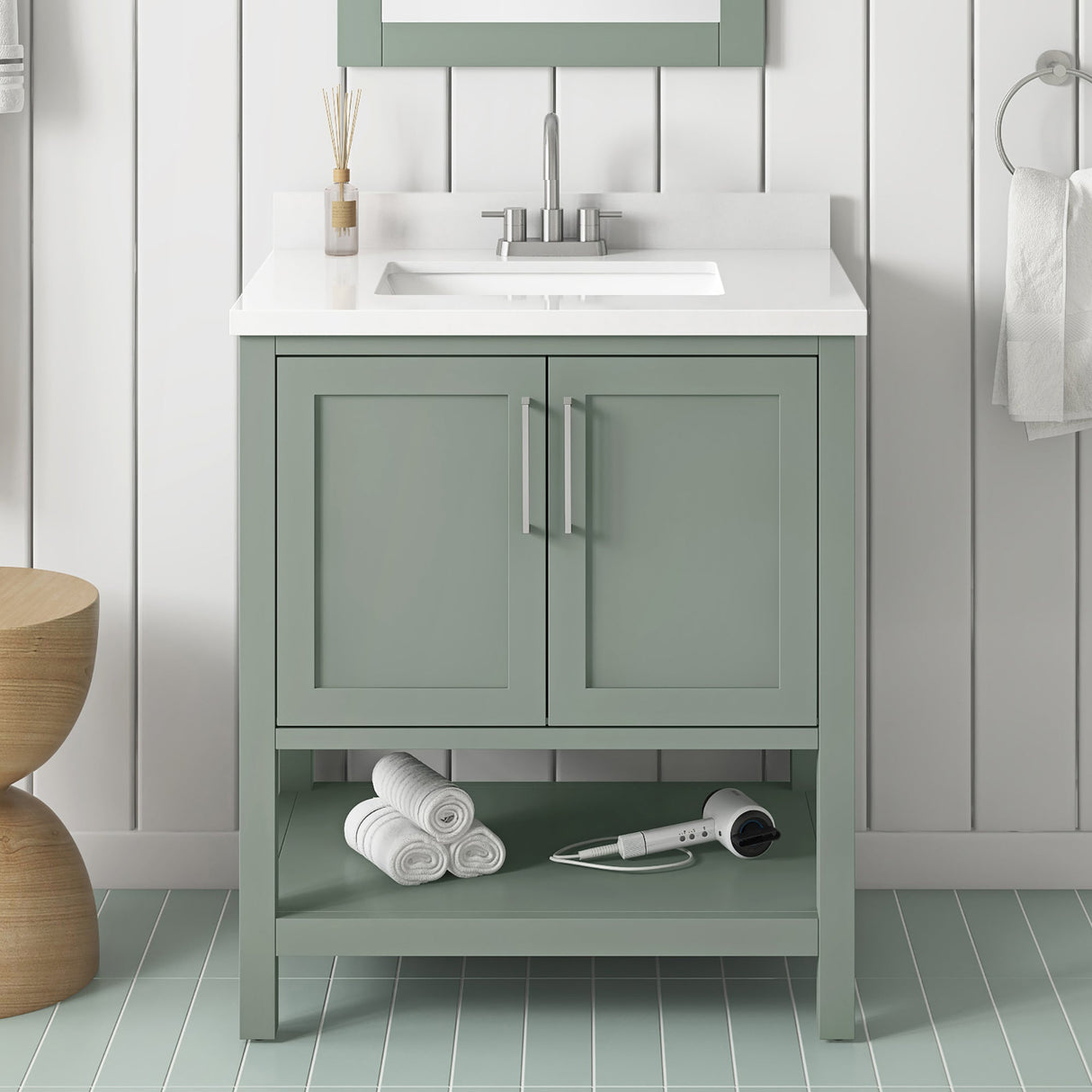 BANKS 30IN VANITY WITH SHAKER DOOR IN SAGE GREEN WHITE QUARTZ TOP & CERAMIC BASIN