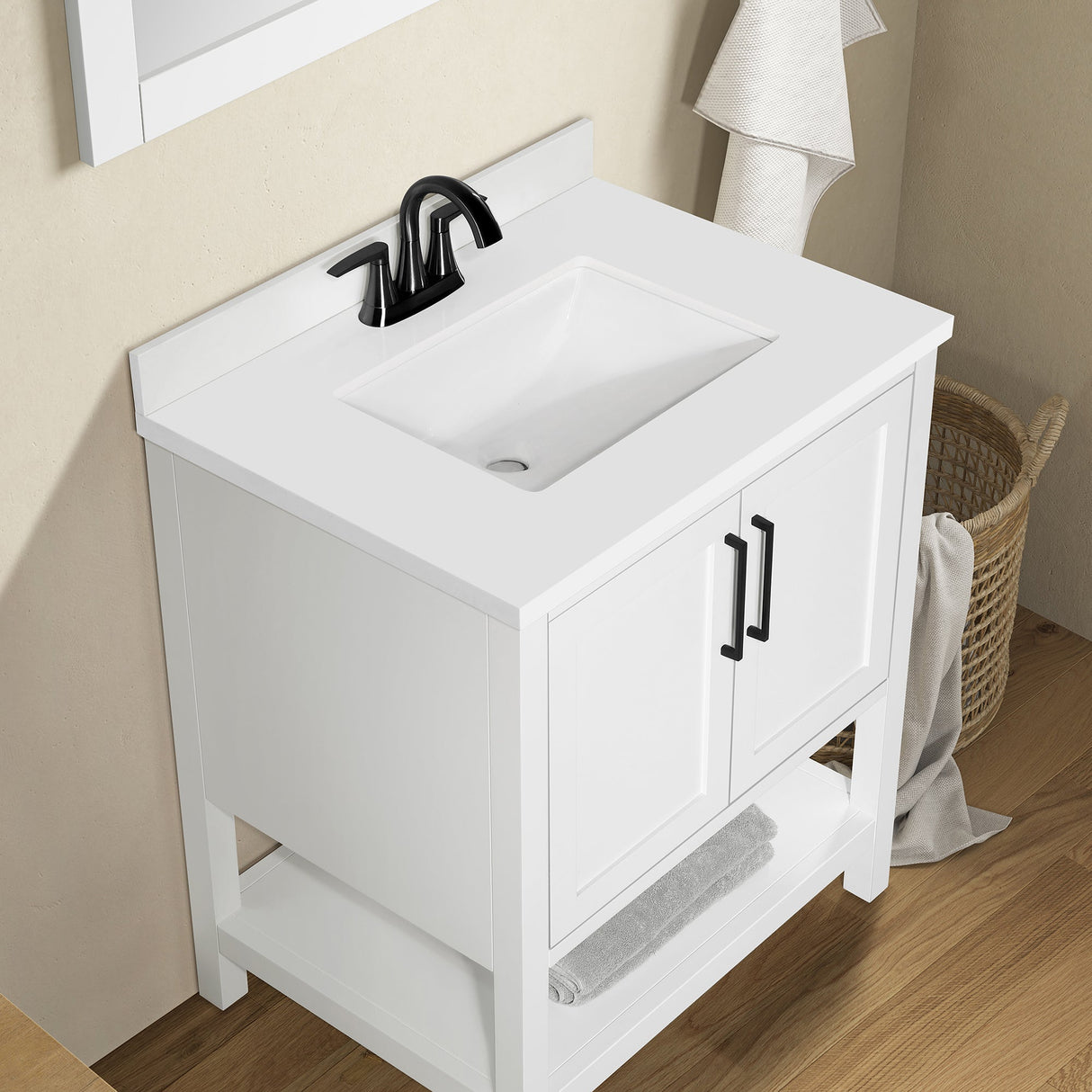 BANKS 30IN VANITY WITH SHAKER DOOR IN WHITE WITH WHITE QUARTZ TOP & CERAMIC BASIN