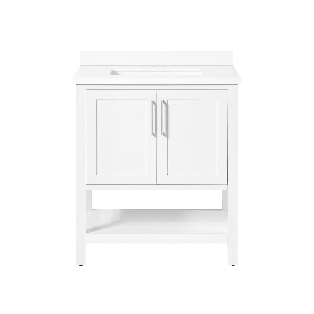 BANKS 30IN VANITY WITH SHAKER DOOR IN WHITE WITH WHITE QUARTZ TOP & CERAMIC BASIN