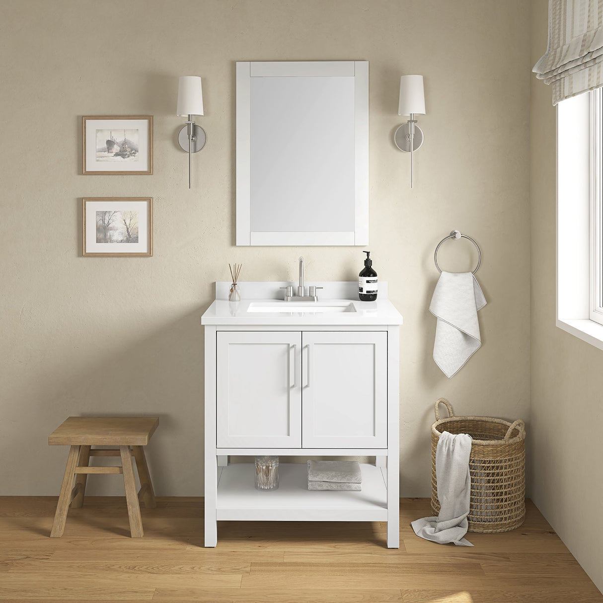 BANKS 30IN VANITY WITH SHAKER DOOR IN WHITE WITH WHITE QUARTZ TOP & CERAMIC BASIN