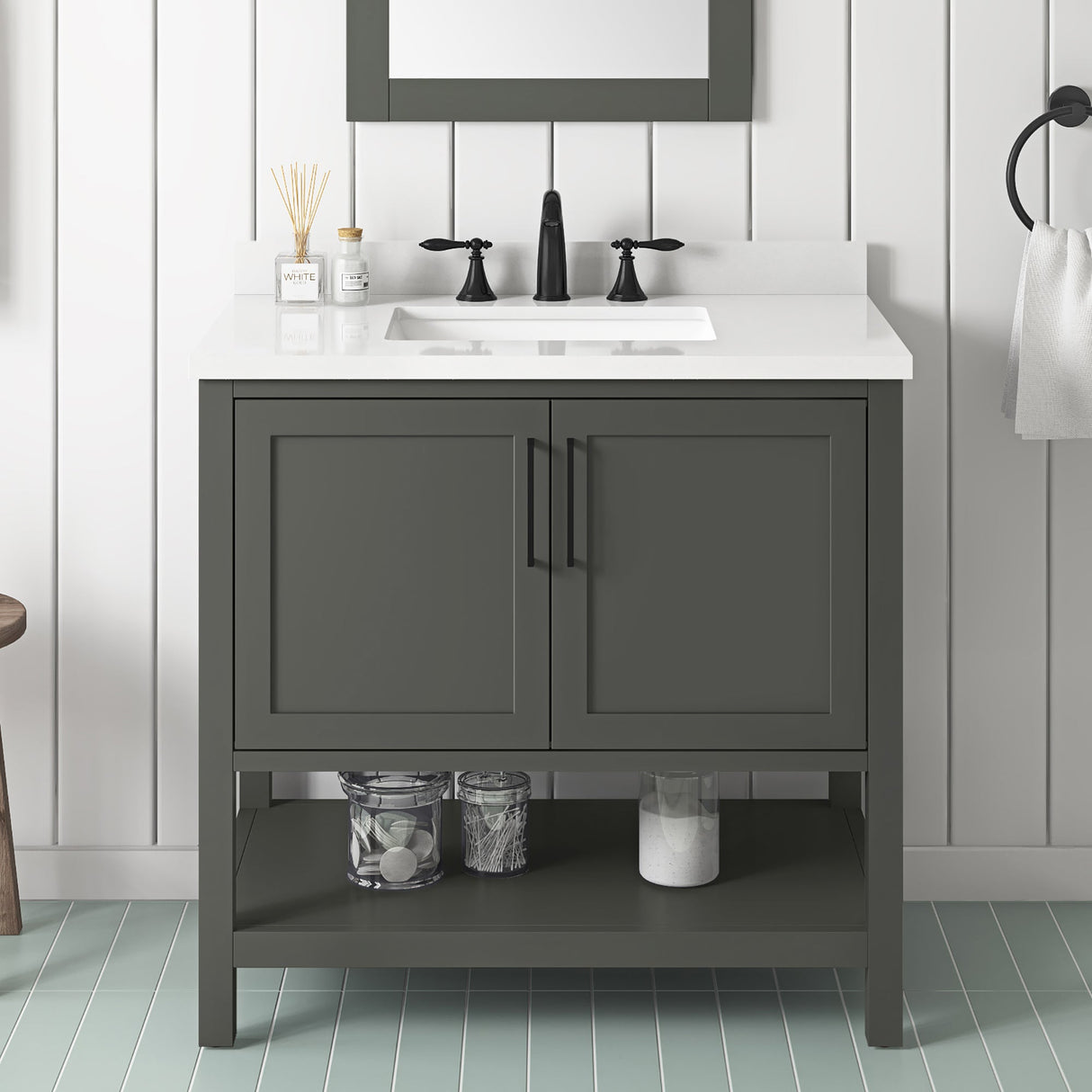 BANKS 36IN VANITY WITH SHAKER DOOR IN CHARCOAL GREY WITH WHITE QUARTZ TOP & CERAMIC BASIN