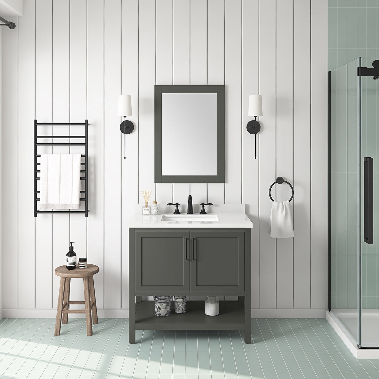 BANKS 36IN VANITY WITH SHAKER DOOR IN CHARCOAL GREY WITH WHITE QUARTZ TOP & CERAMIC BASIN