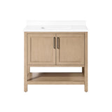 BANKS 36IN VANITY WITH SHAKER DOOR IN SAHARA BIRCH WHITE QUARTZ TOP & CERAMIC BASIN