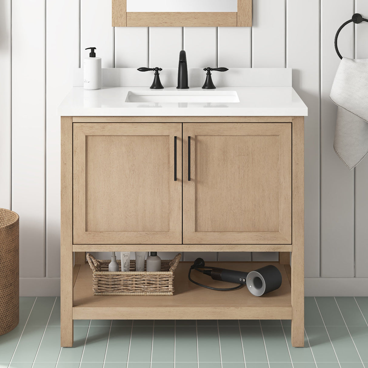 BANKS 36IN VANITY WITH SHAKER DOOR IN SAHARA BIRCH WHITE QUARTZ TOP & CERAMIC BASIN