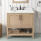 BANKS 36IN VANITY WITH SHAKER DOOR IN SAHARA BIRCH WHITE QUARTZ TOP & CERAMIC BASIN