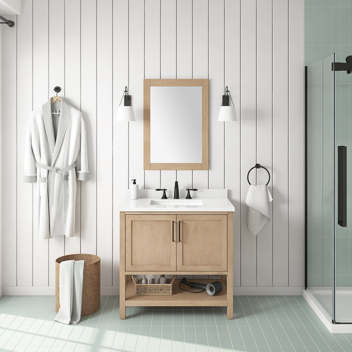 BANKS 36IN VANITY WITH SHAKER DOOR IN SAHARA BIRCH WHITE QUARTZ TOP & CERAMIC BASIN