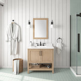 BANKS 36IN VANITY WITH SHAKER DOOR IN SAHARA BIRCH WHITE QUARTZ TOP & CERAMIC BASIN