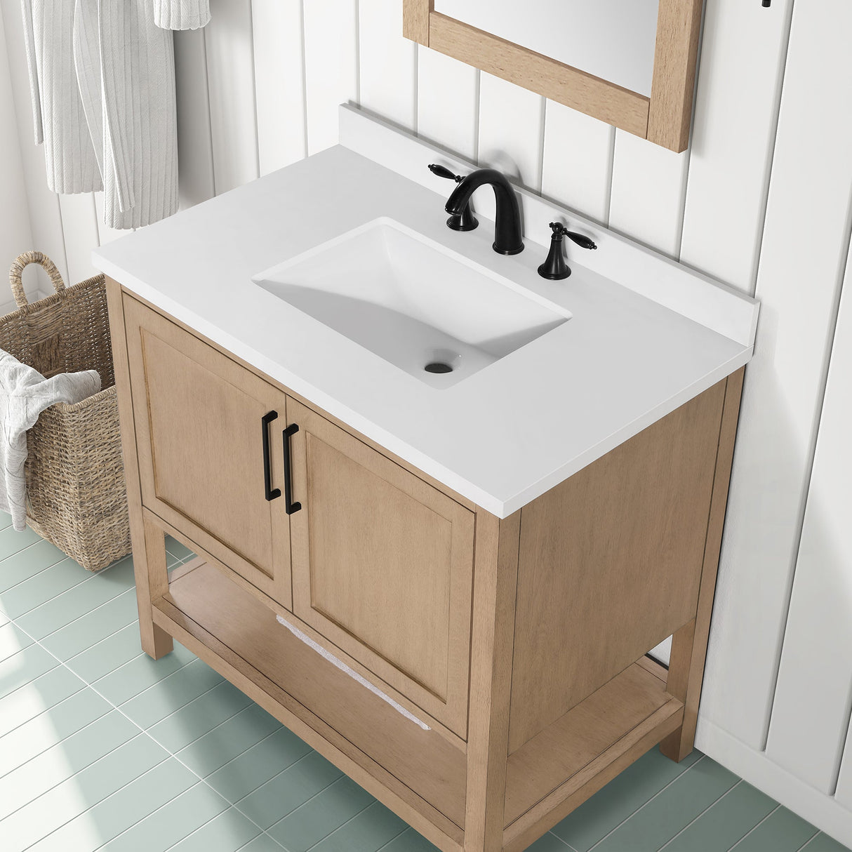 BANKS 36IN VANITY WITH SHAKER DOOR IN SAHARA BIRCH WHITE QUARTZ TOP & CERAMIC BASIN