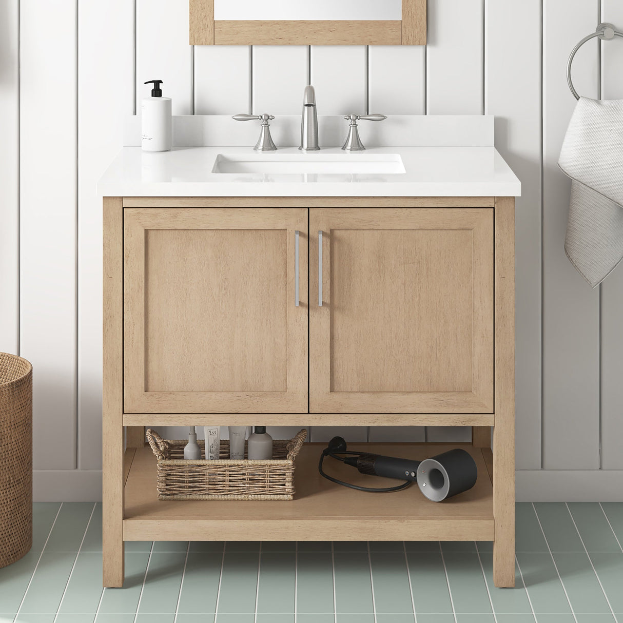 BANKS 36IN VANITY WITH SHAKER DOOR IN SAHARA BIRCH WHITE QUARTZ TOP & CERAMIC BASIN