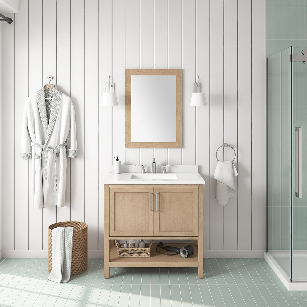 BANKS 36IN VANITY WITH SHAKER DOOR IN SAHARA BIRCH WHITE QUARTZ TOP & CERAMIC BASIN