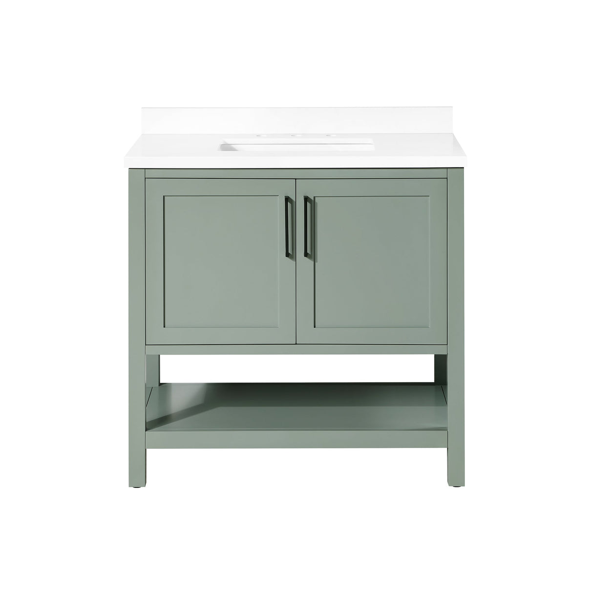 BANKS 36IN VANITY WITH SHAKER DOOR IN SAGE GREEN WHITE QUARTZ TOP & CERAMIC BASIN