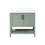 BANKS 36IN VANITY WITH SHAKER DOOR IN SAGE GREEN WHITE QUARTZ TOP & CERAMIC BASIN