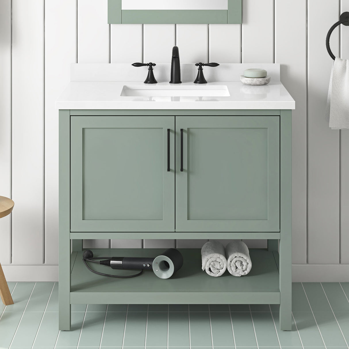 BANKS 36IN VANITY WITH SHAKER DOOR IN SAGE GREEN WHITE QUARTZ TOP & CERAMIC BASIN