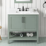 BANKS 36IN VANITY WITH SHAKER DOOR IN SAGE GREEN WHITE QUARTZ TOP & CERAMIC BASIN