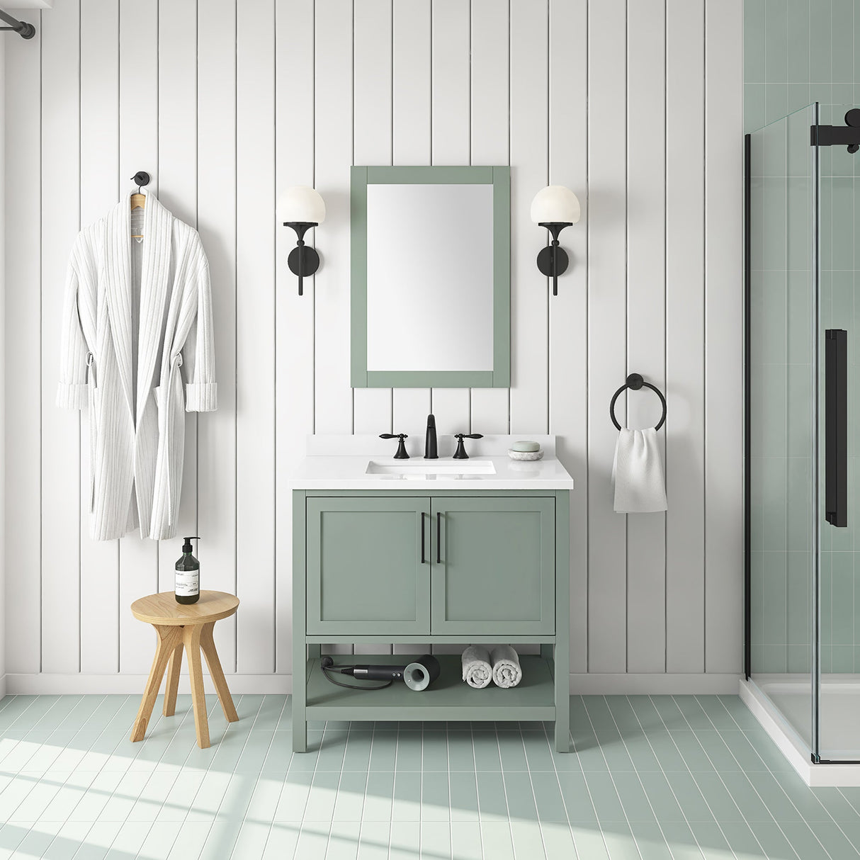 BANKS 36IN VANITY WITH SHAKER DOOR IN SAGE GREEN WHITE QUARTZ TOP & CERAMIC BASIN