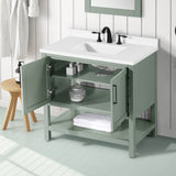BANKS 36IN VANITY WITH SHAKER DOOR IN SAGE GREEN WHITE QUARTZ TOP & CERAMIC BASIN