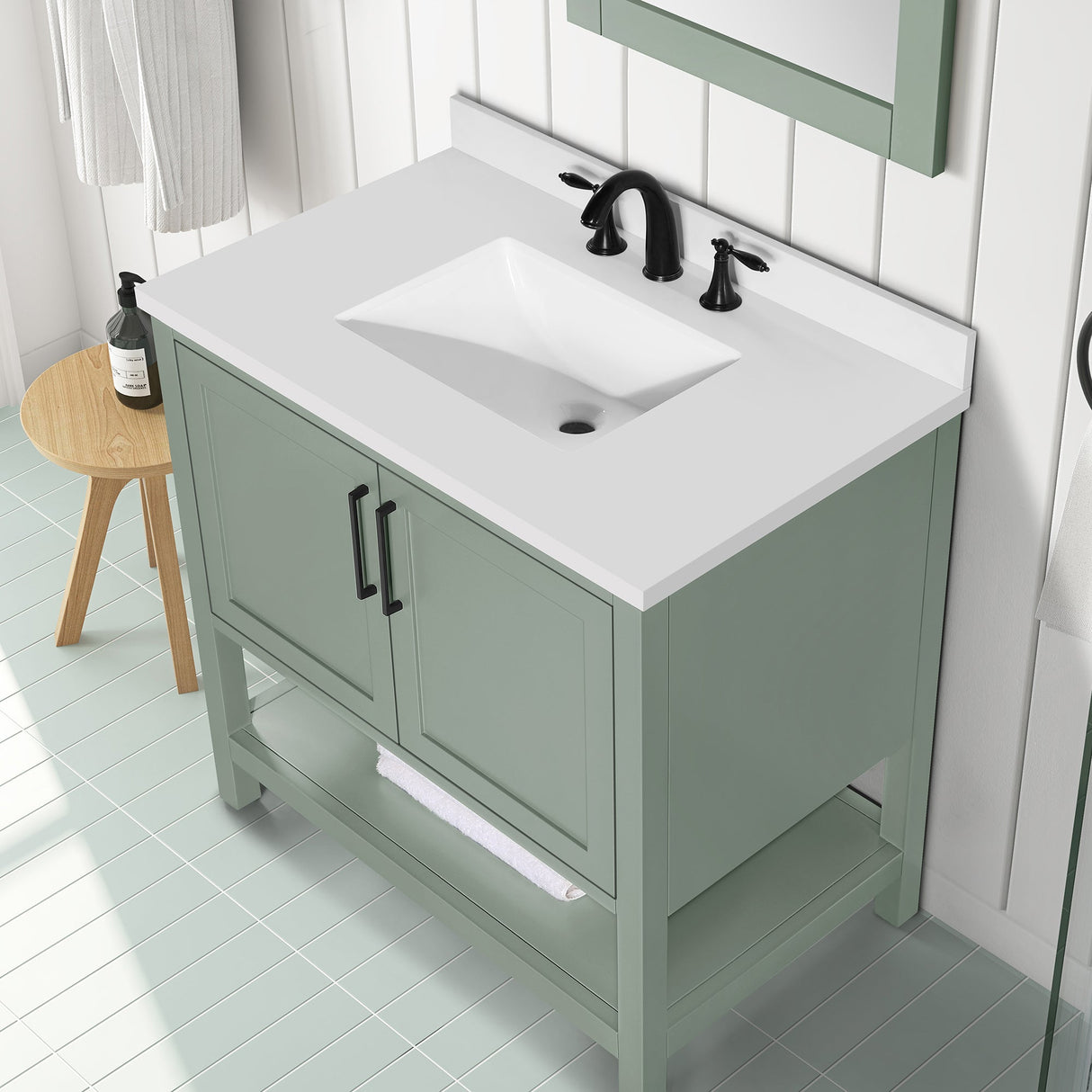 BANKS 36IN VANITY WITH SHAKER DOOR IN SAGE GREEN WHITE QUARTZ TOP & CERAMIC BASIN