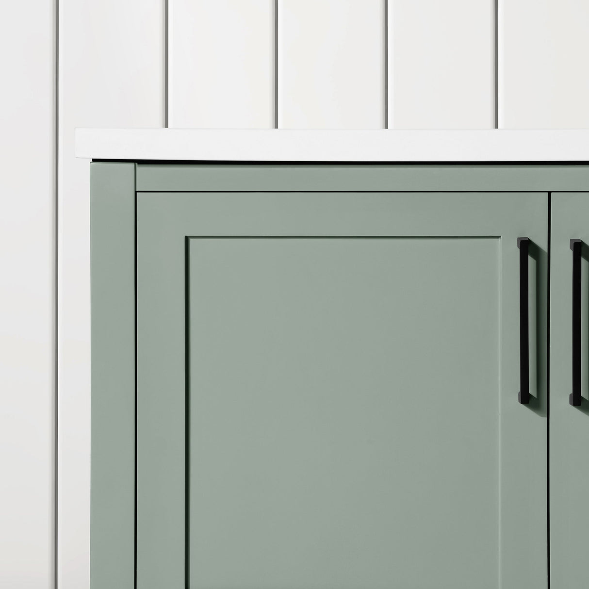 BANKS 36IN VANITY WITH SHAKER DOOR IN SAGE GREEN WHITE QUARTZ TOP & CERAMIC BASIN