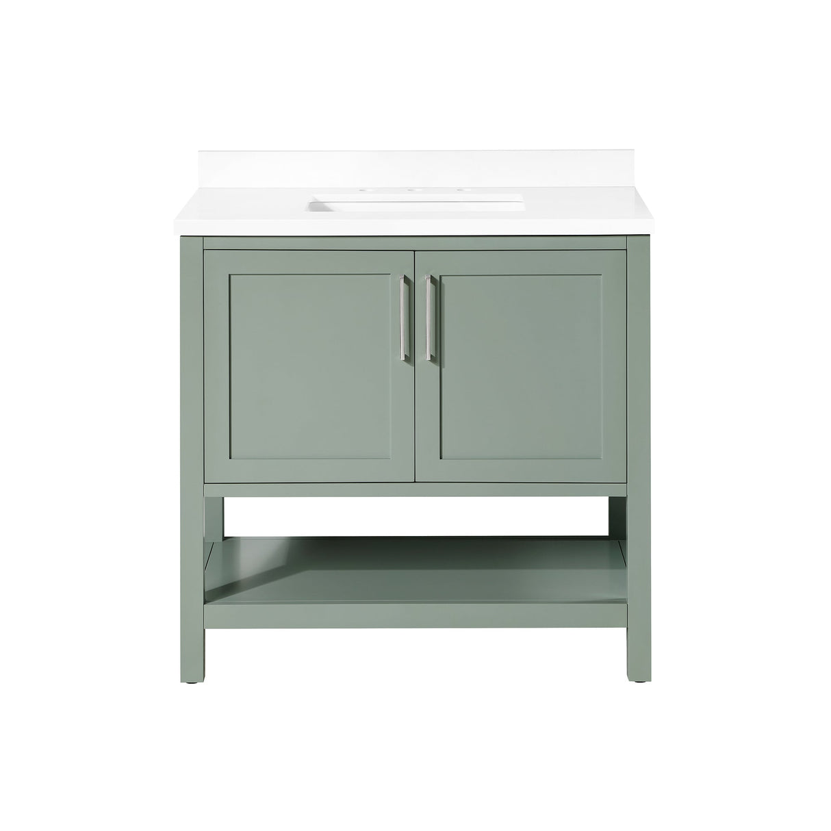 BANKS 36IN VANITY WITH SHAKER DOOR IN SAGE GREEN WHITE QUARTZ TOP & CERAMIC BASIN