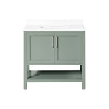 BANKS 36IN VANITY WITH SHAKER DOOR IN SAGE GREEN WHITE QUARTZ TOP & CERAMIC BASIN