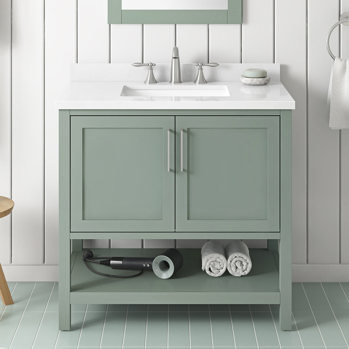 BANKS 36IN VANITY WITH SHAKER DOOR IN SAGE GREEN WHITE QUARTZ TOP & CERAMIC BASIN