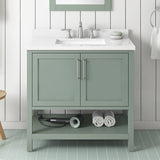 BANKS 36IN VANITY WITH SHAKER DOOR IN SAGE GREEN WHITE QUARTZ TOP & CERAMIC BASIN
