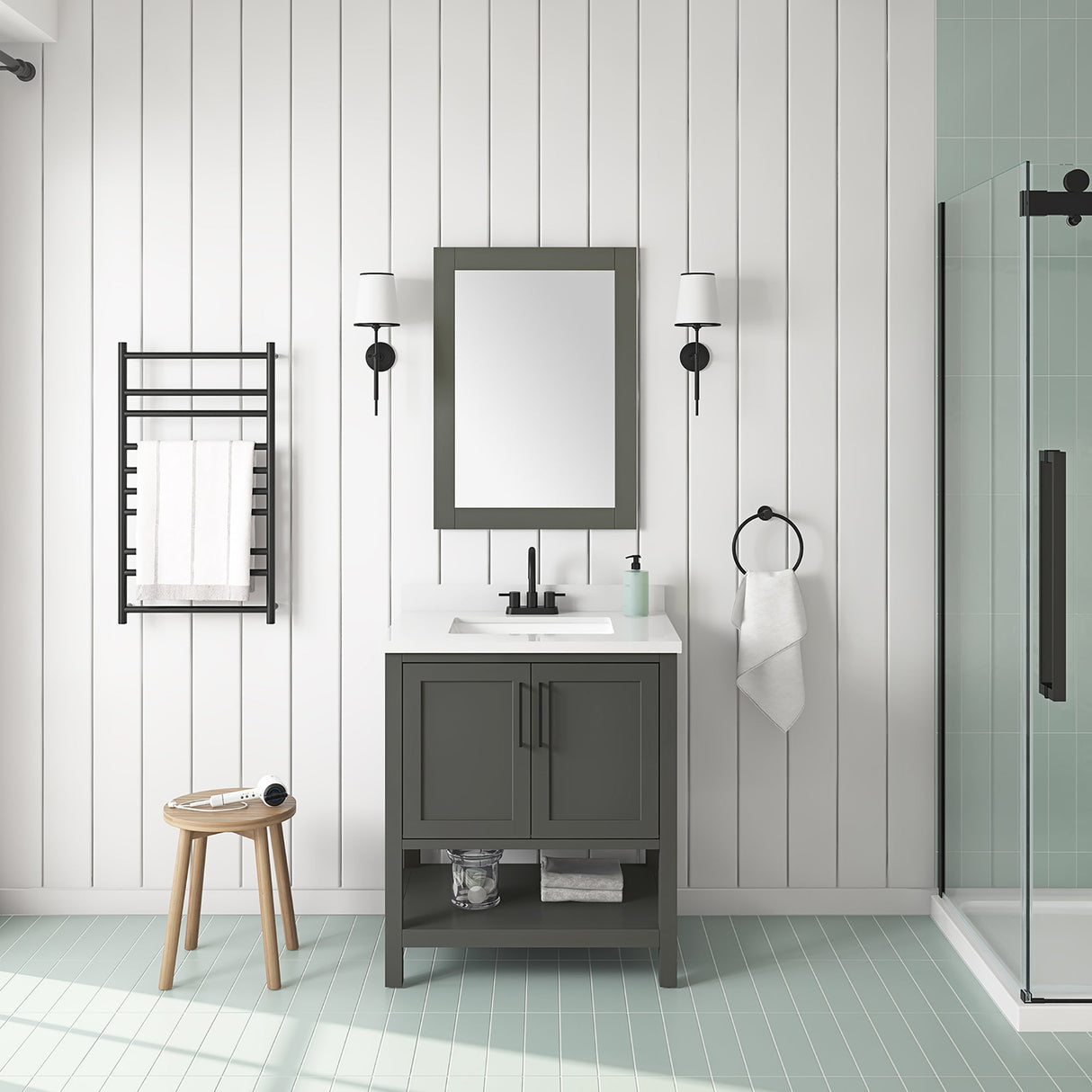 BANKS 30IN VANITY WITH SHAKER DOOR IN CHARCOAL GREY WITH WHITE QUARTZ TOP & CERAMIC BASIN