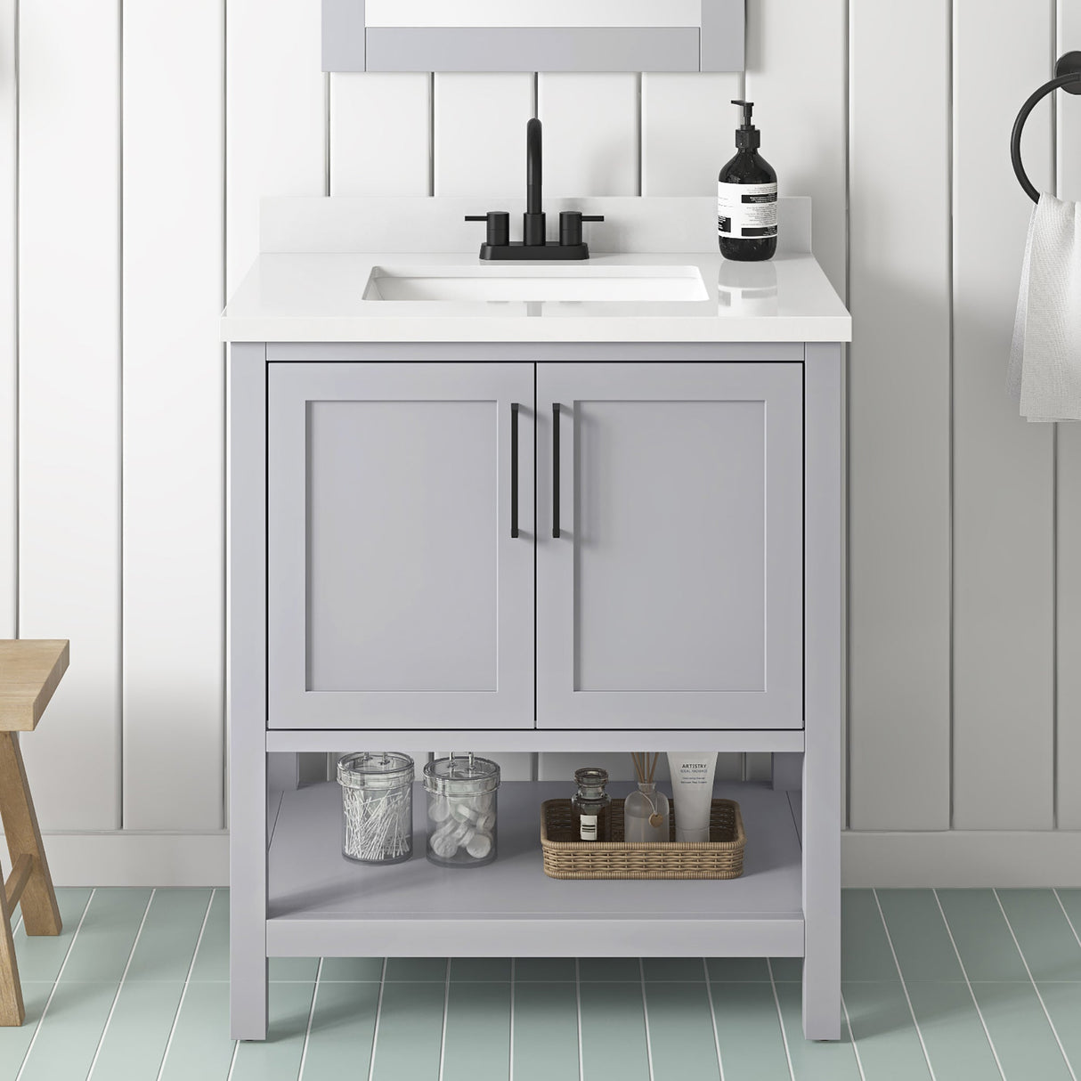 BANKS 30IN VANITY WITH SHAKER DOOR IN DOVE GREY WITH WHITE QUARTZ TOP & CERAMIC BASIN