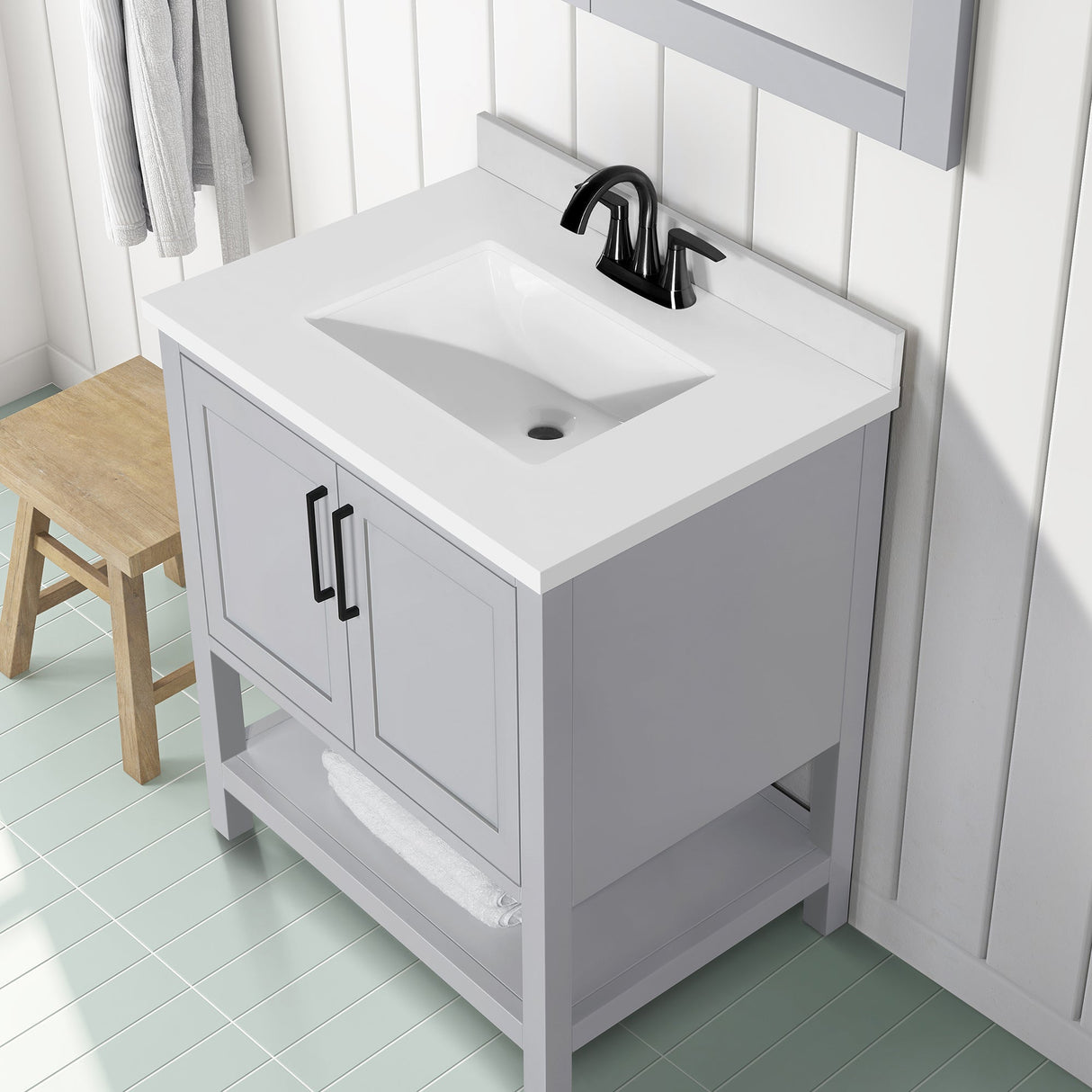 BANKS 30IN VANITY WITH SHAKER DOOR IN DOVE GREY WITH WHITE QUARTZ TOP & CERAMIC BASIN
