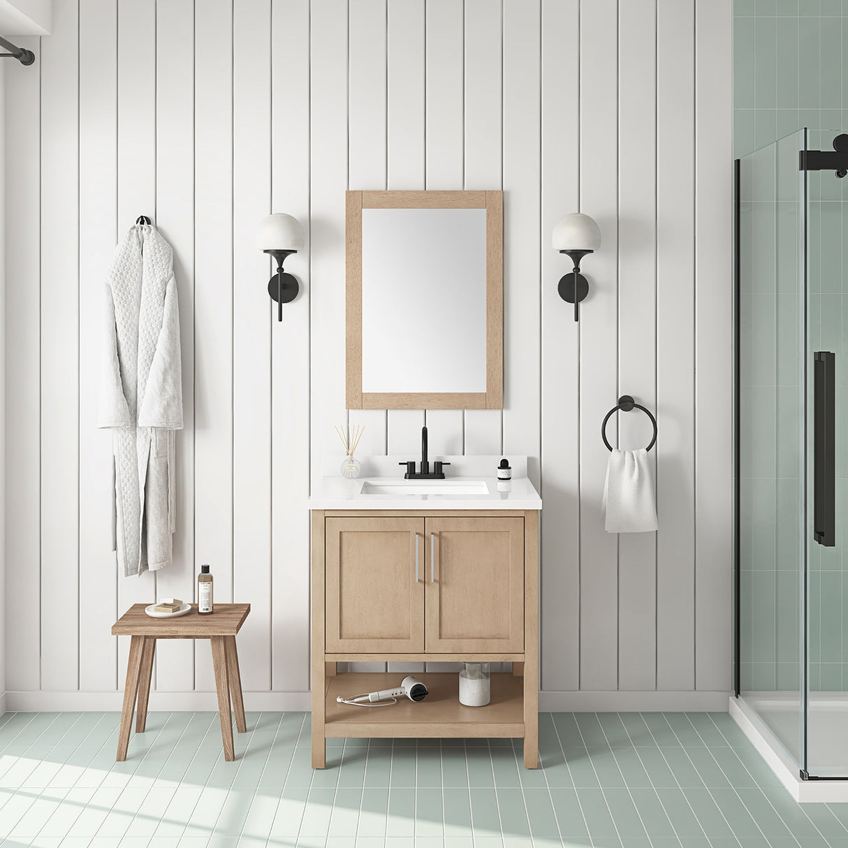 BANKS 30IN VANITY WITH SHAKER DOOR IN SAHARA BIRCH WHITE QUARTZ TOP & CERAMIC BASIN