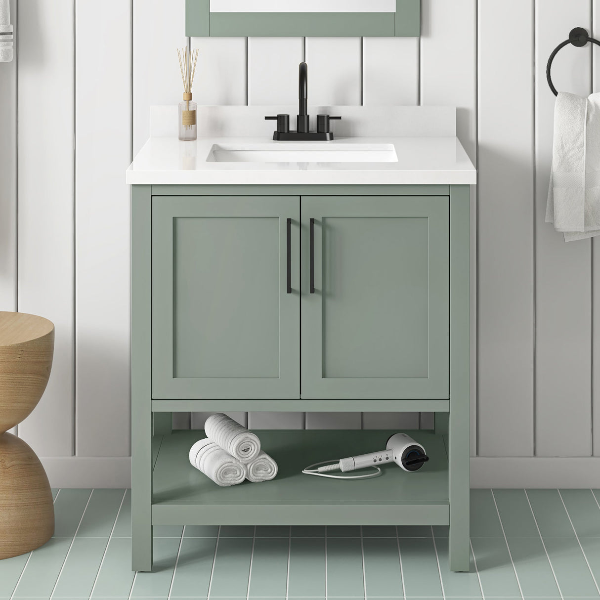 BANKS 30IN VANITY WITH SHAKER DOOR IN SAGE GREEN WHITE QUARTZ TOP & CERAMIC BASIN