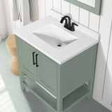 BANKS 30IN VANITY WITH SHAKER DOOR IN SAGE GREEN WHITE QUARTZ TOP & CERAMIC BASIN