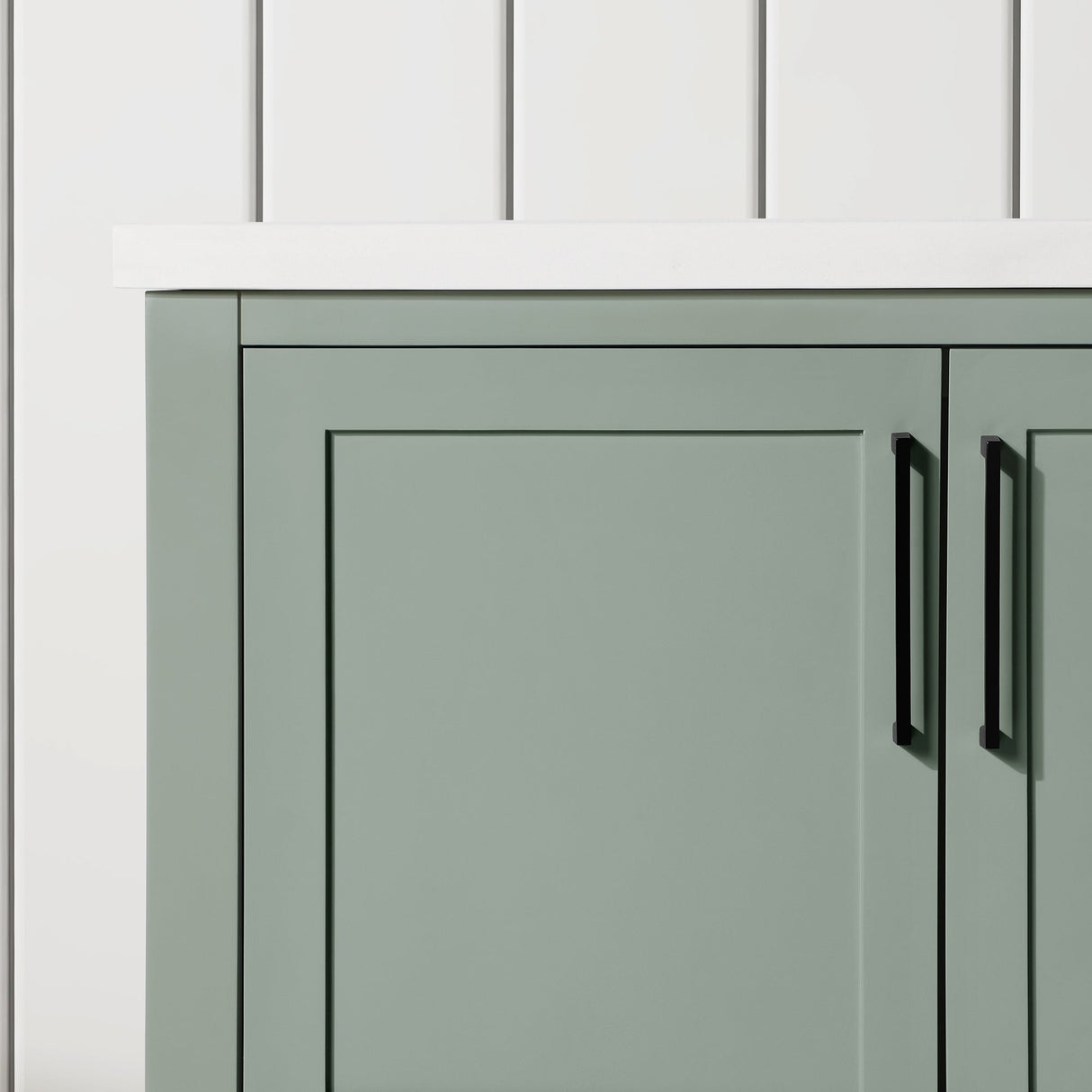 BANKS 30IN VANITY WITH SHAKER DOOR IN SAGE GREEN WHITE QUARTZ TOP & CERAMIC BASIN