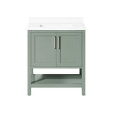 BANKS 30IN VANITY WITH SHAKER DOOR IN SAGE GREEN WHITE QUARTZ TOP & CERAMIC BASIN
