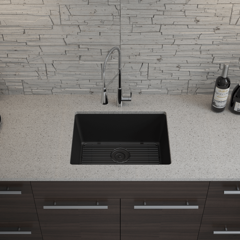 23 in. Single Bowl Undermount Quartz Kitchen Sink, Black