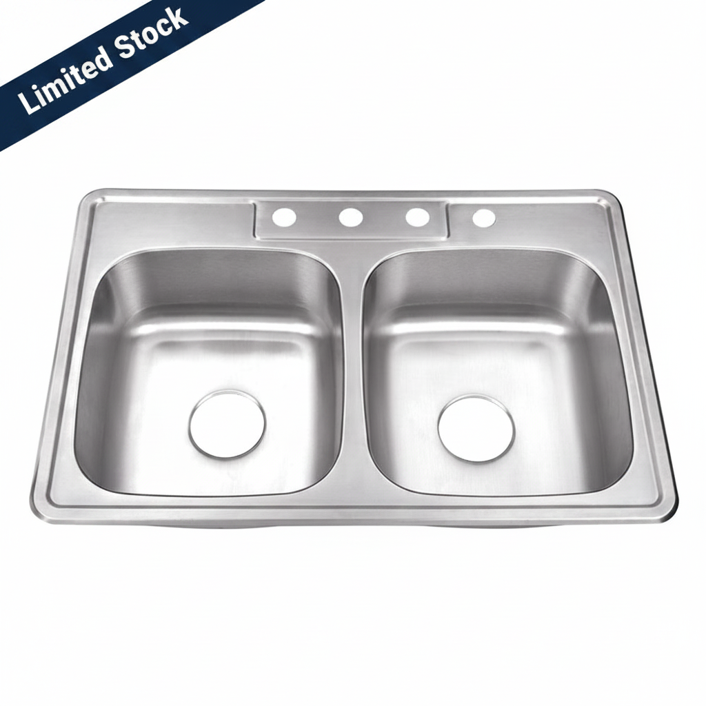 33 in. 50-50 Standard Radius Double Bowl Drop-In Kitchen Sink  - 4 Hole Prepunch Closeout