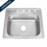25 in. Standard Radius Single Bowl Drop-In Kitchen Sink - 4 Hole Prepunch