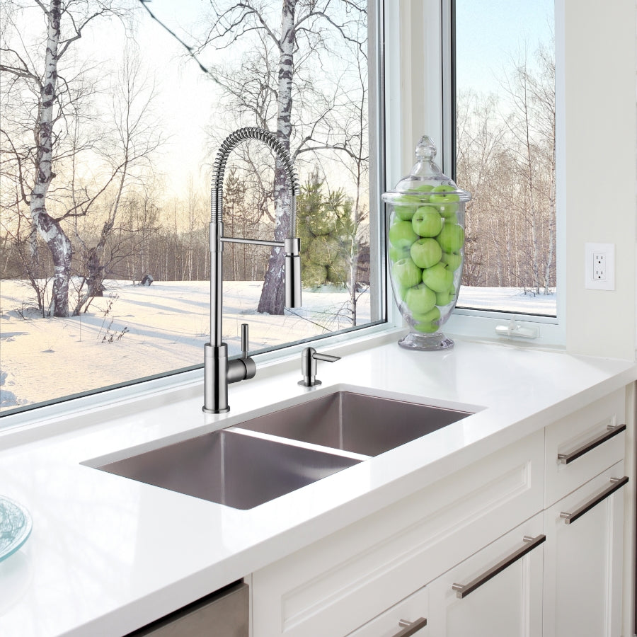 Undermount 32 in. 50/50 Bowl Radius Corner 16 Ga. Stainless Steel Kitchen Sink