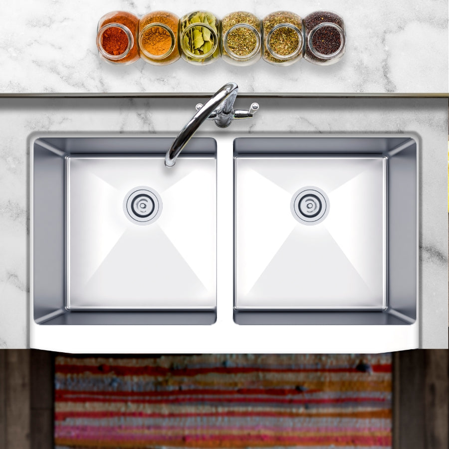 Undermount 35-7/8 In. 50/50 Apron Front 16 Ga. Stainless Steel Kitchen Sink